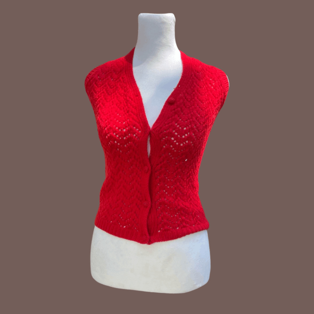 Handmade Knit Vest | Red Sleeveless | Size XS | Vintage